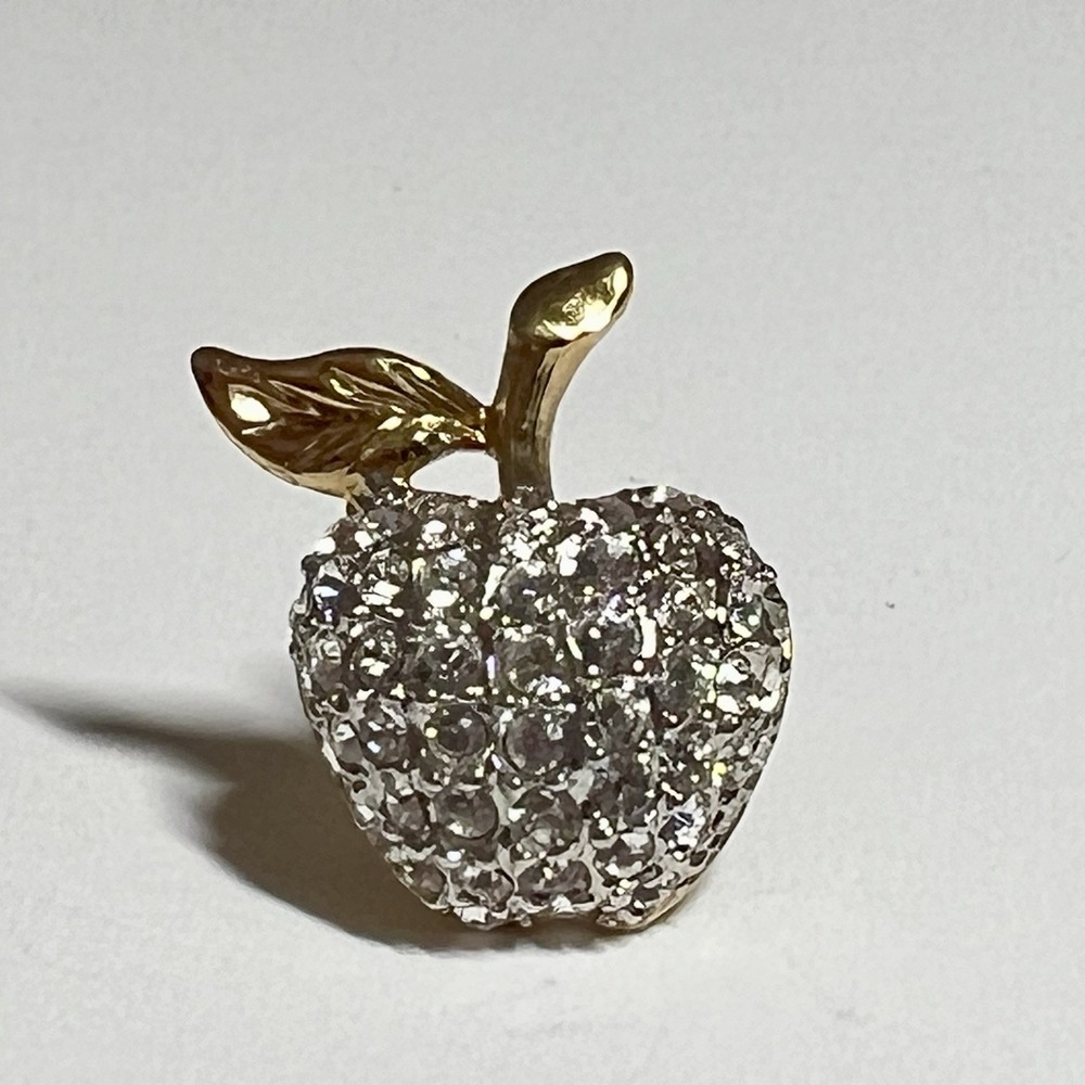 Gold Tone Apple Brooch with Clear Rhinestones Sparkling Crystal Pin Jewelry Gift